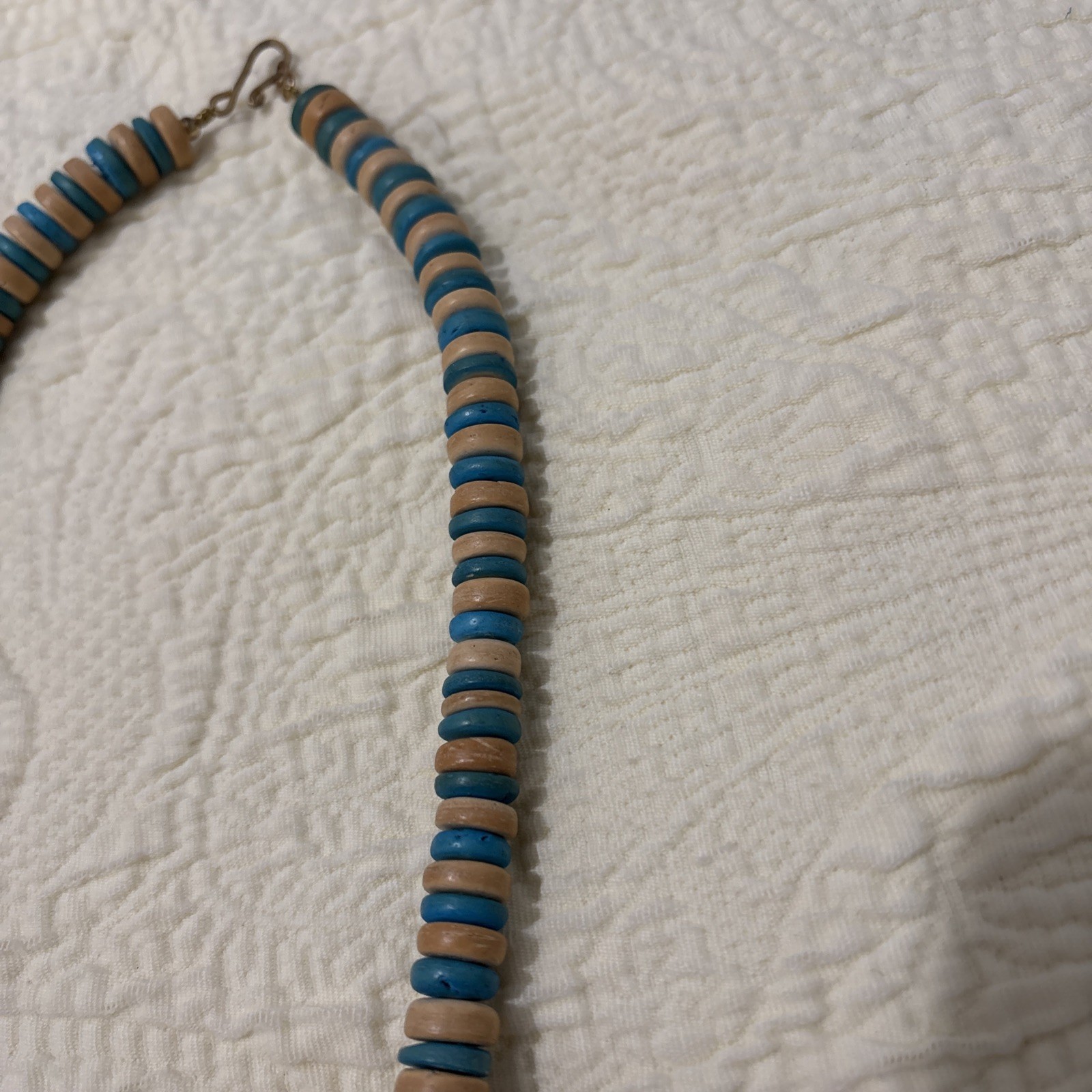 Vintage Exotic Boho Tribal Blue Beige Wood Beads Statement Necklace 26”