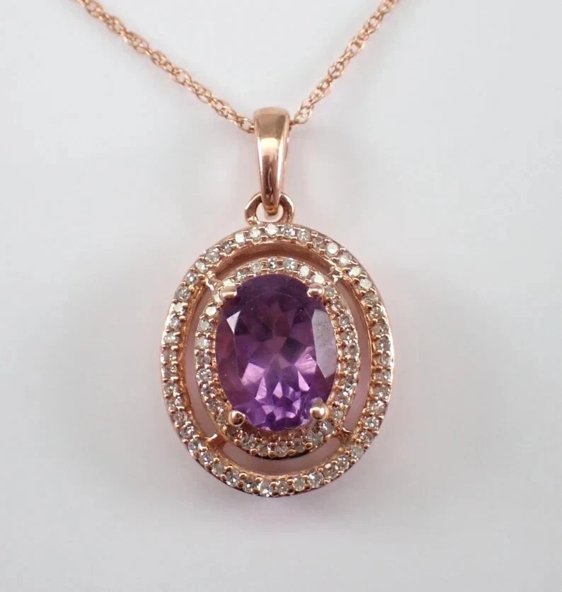 Oval Cut Simulated Purple Amethyst Halo Pendant With Chain 14k Rose Gold Plated