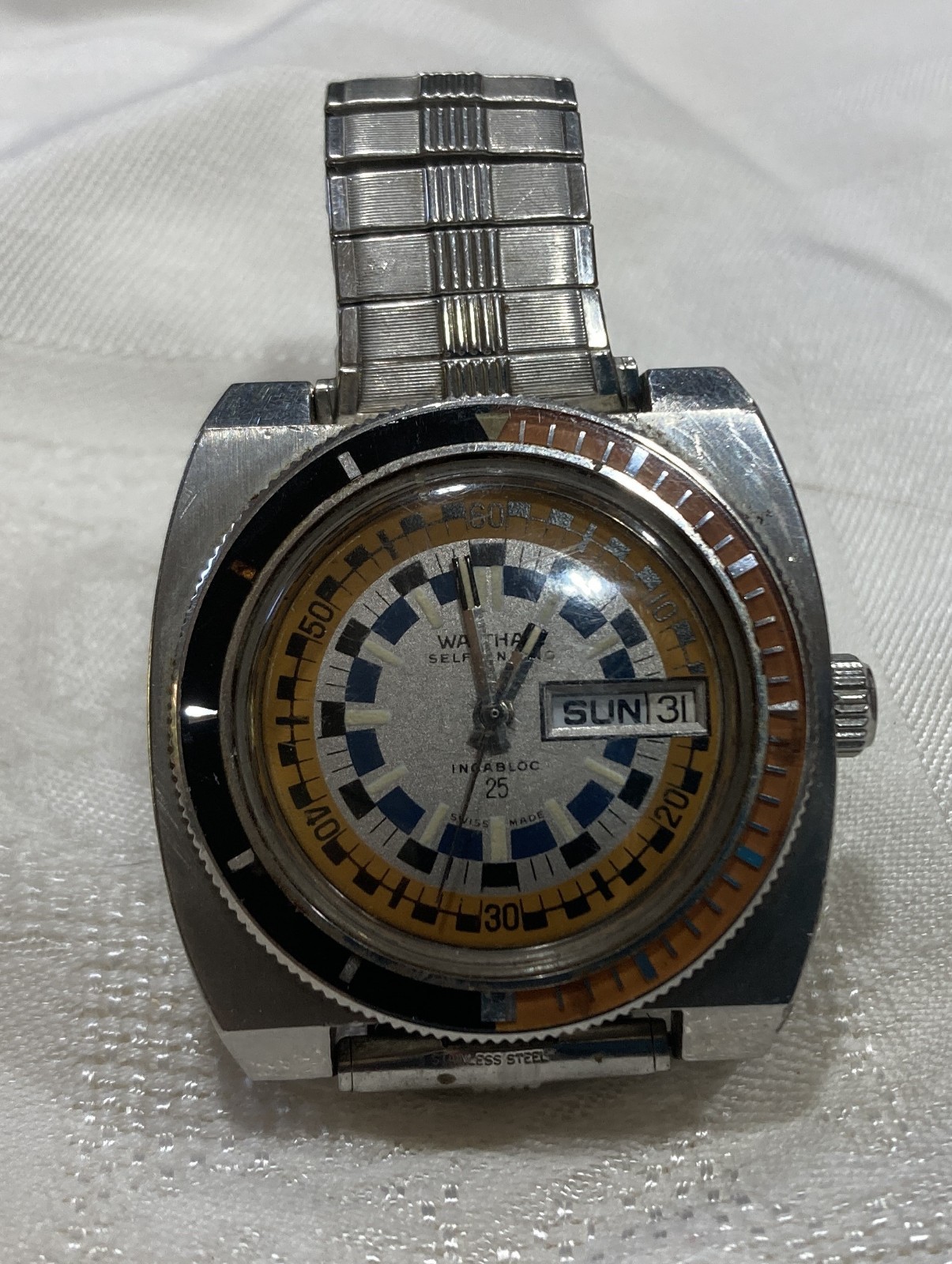 1970’s Waltham Incabloc 25 Jewel Day-Date Diver Watch Ref. B-383 $549-OBO