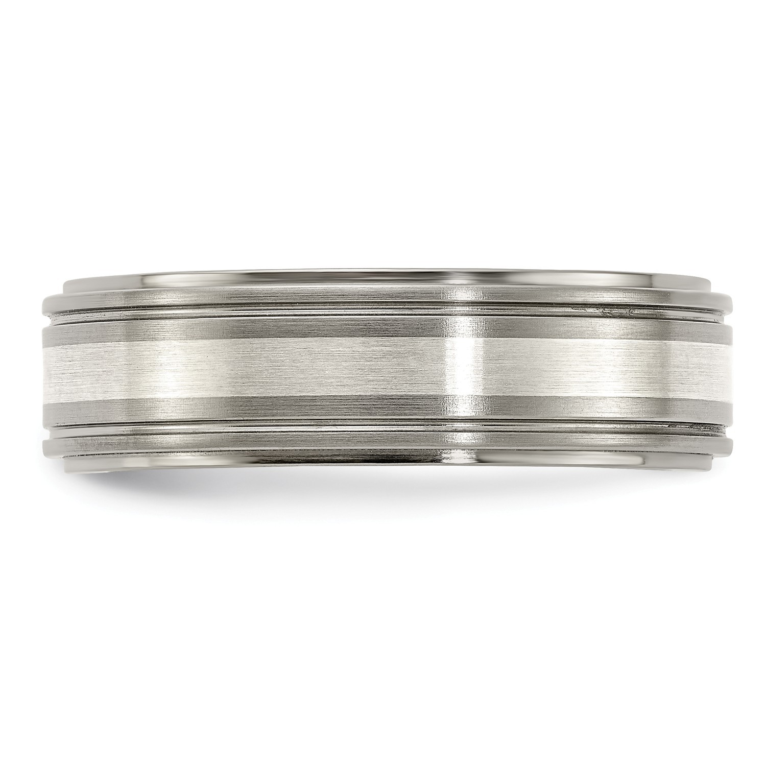 Edward Mirell Titanium Silver Inlay 7mm Grooved & Edge Wedding Band Size 7 to 13