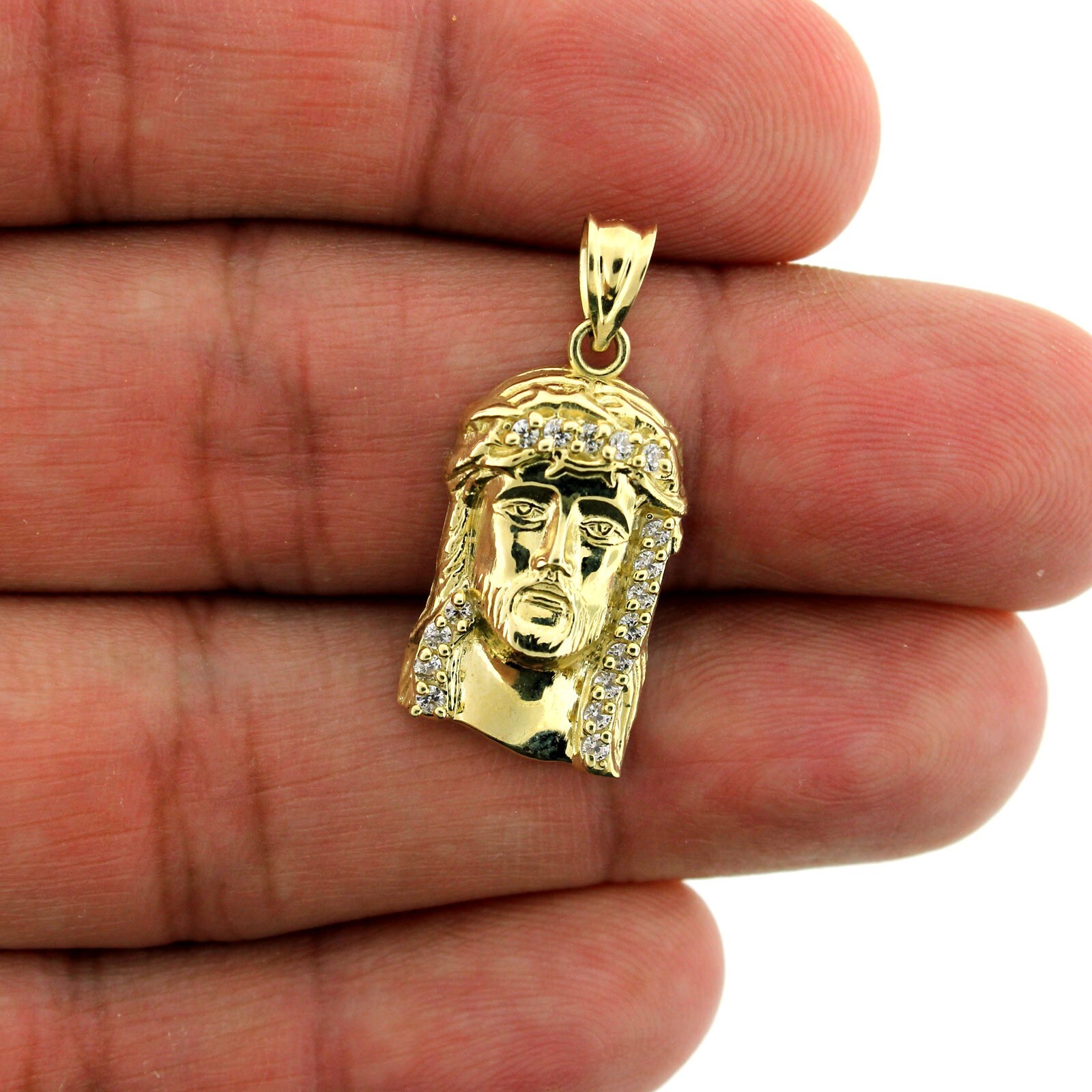 Mens Real 10K Yellow Gold Jesus Head Face CZ Pendant, 10KT Gold Charm