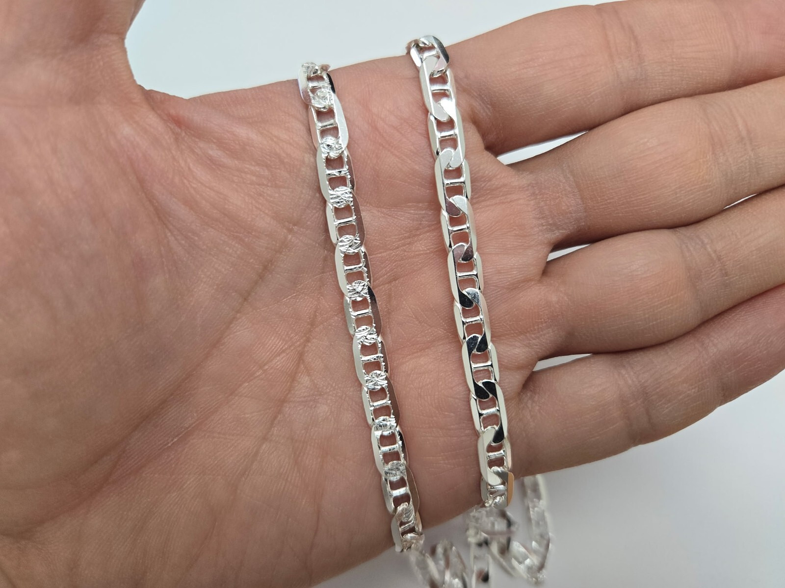 925 Sterling Silver Flat Mariner Link Chain Diamond Cut Necklace 5.8mm 7″ to 30″
