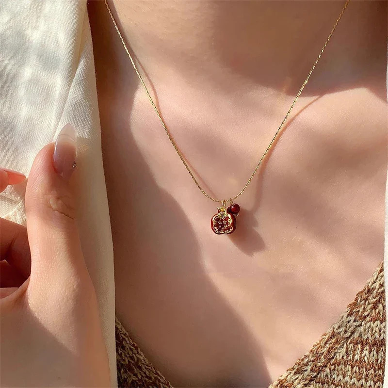 New Trendy Red Pomegranate Pendant Necklace for Women Sweet Cute Fruit Clavicle