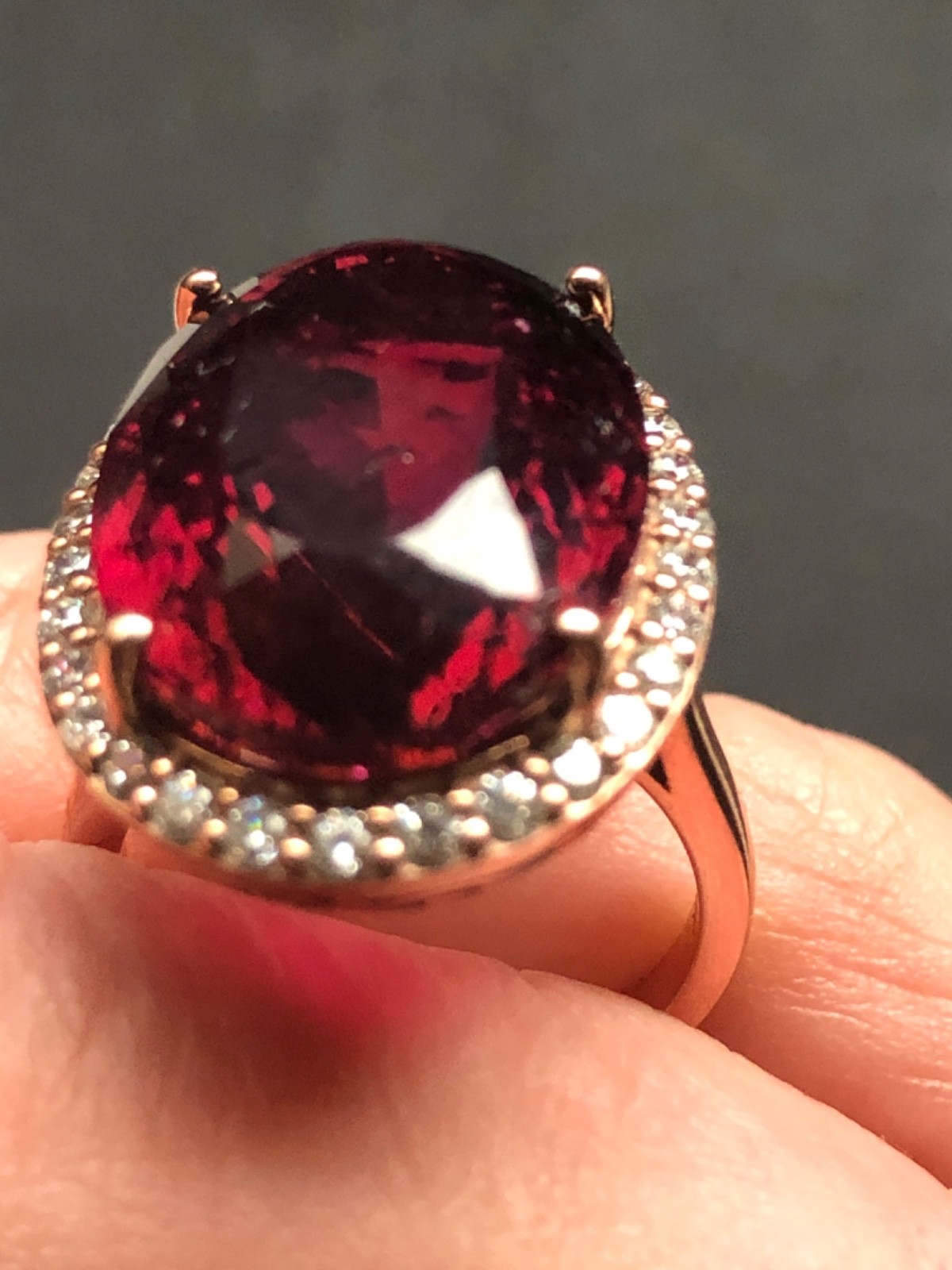 14K Pink Gold Large 21.43 ct. Rubellite Ring Diamond Halo .75 ct . T.W.11.70 grm