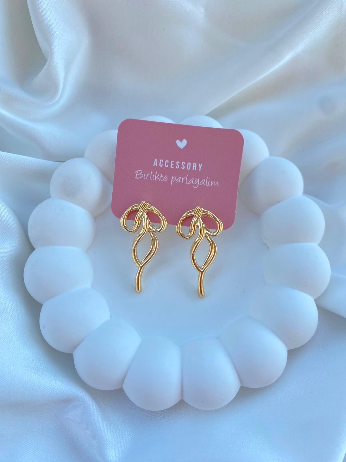 Handmade Gold Bow Earrings Women Wire Ribbon Stud Dangle Minimalist Trendy