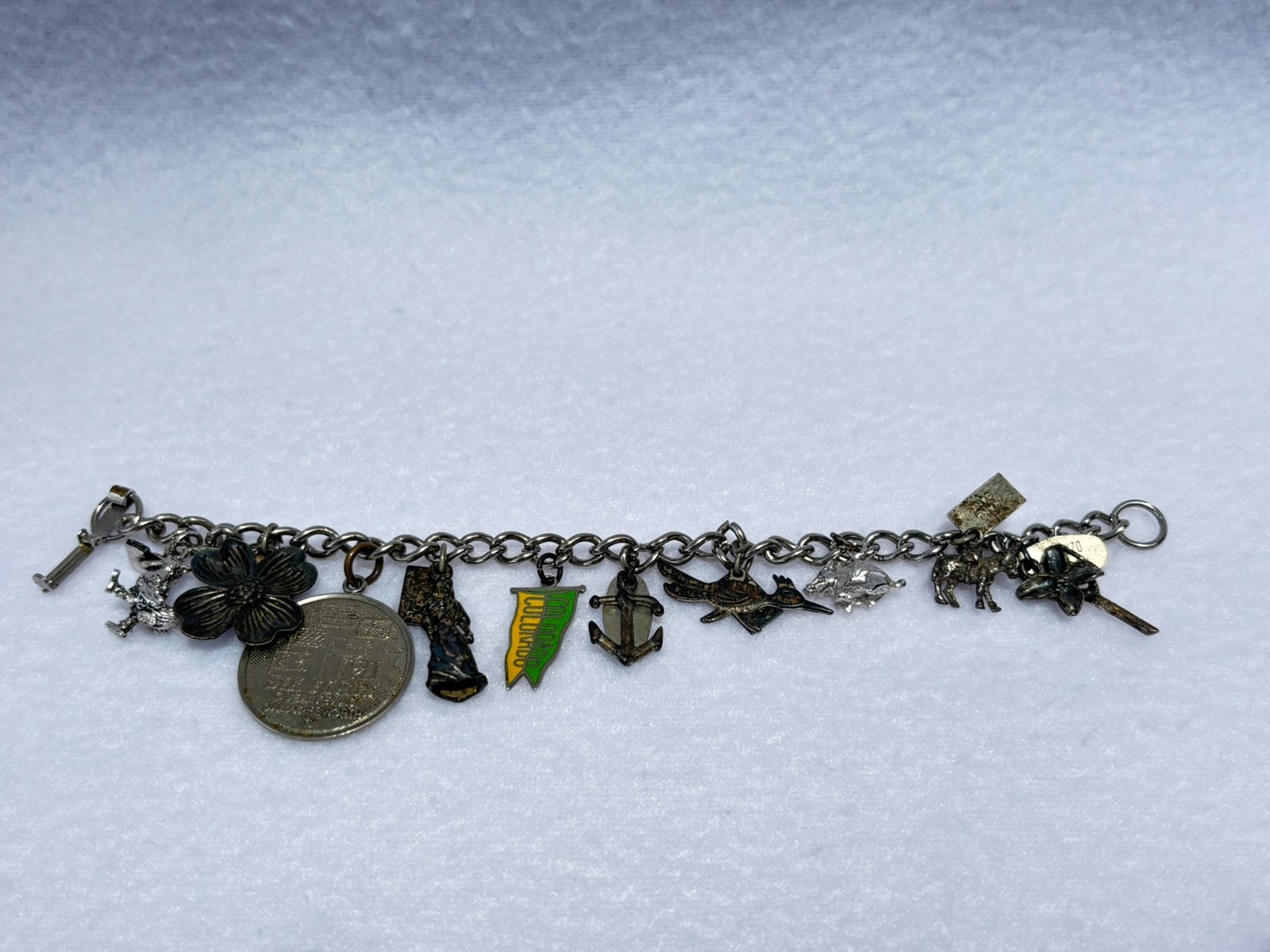Vintage Sterling Silver Charm Bracelet Travel Themed with 10 Charms 6.5″ length