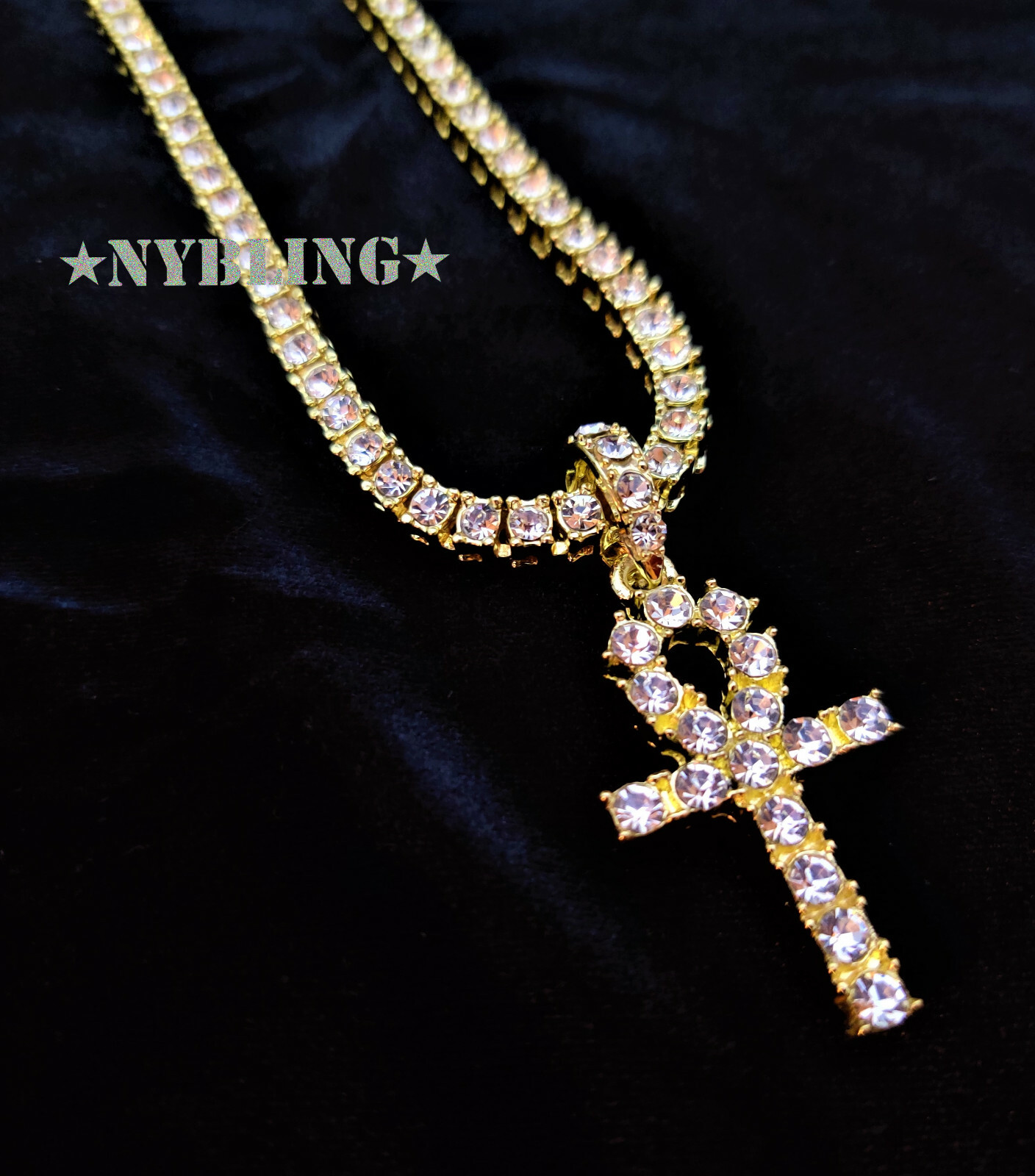 14k Gold Plated Tennis Chain Choker w/ ANKH Pendant ICED CZ Hip Hop Necklace 5MM