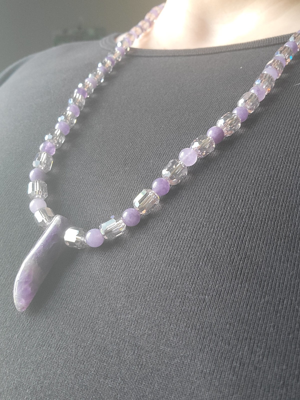Amethyst Pendant & Lavender Beaded Genuine Crystal Necklace – Artisan Handmade