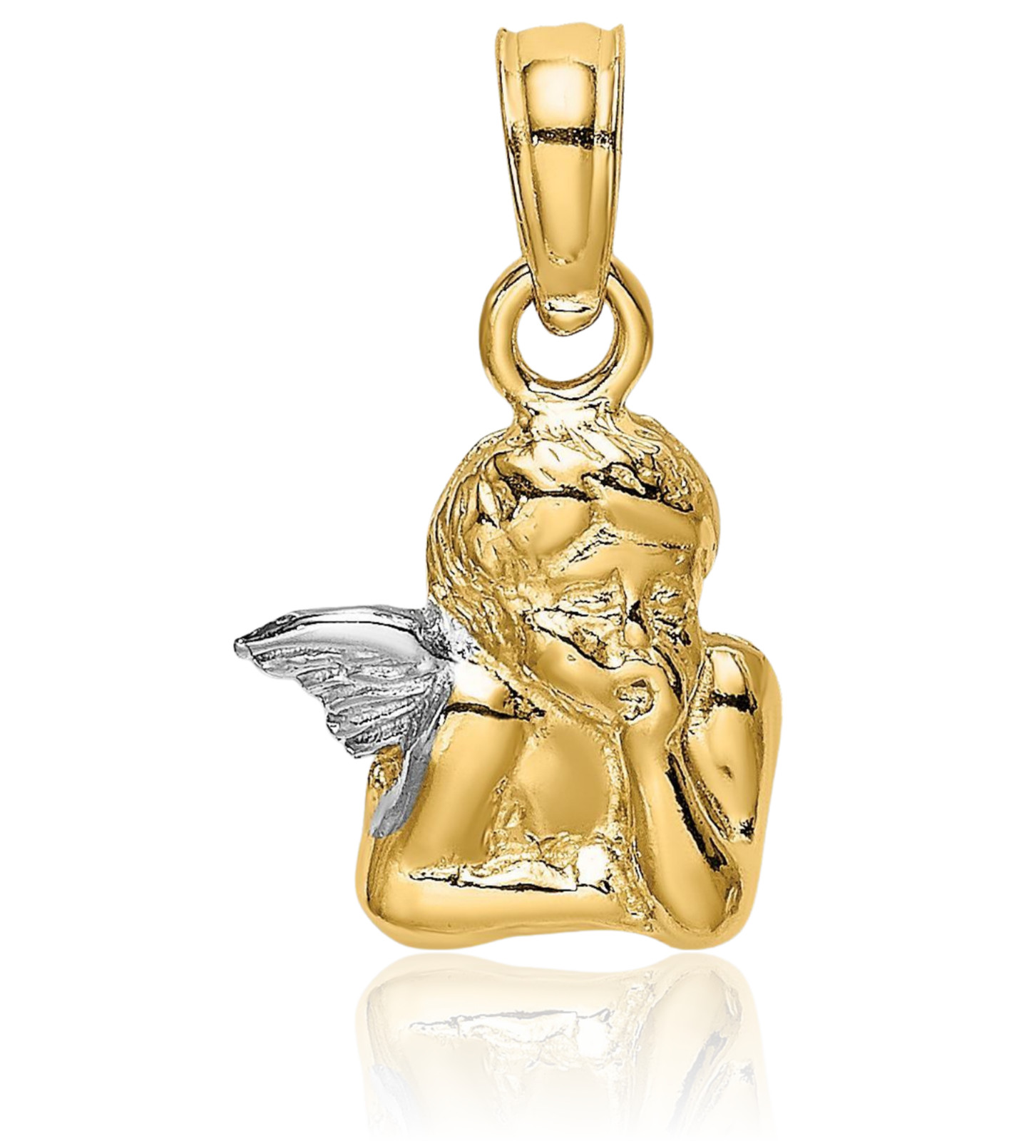 14K Solid Yellow Gold Small Guardian Angel Wings Pendant Necklace 14.2mm