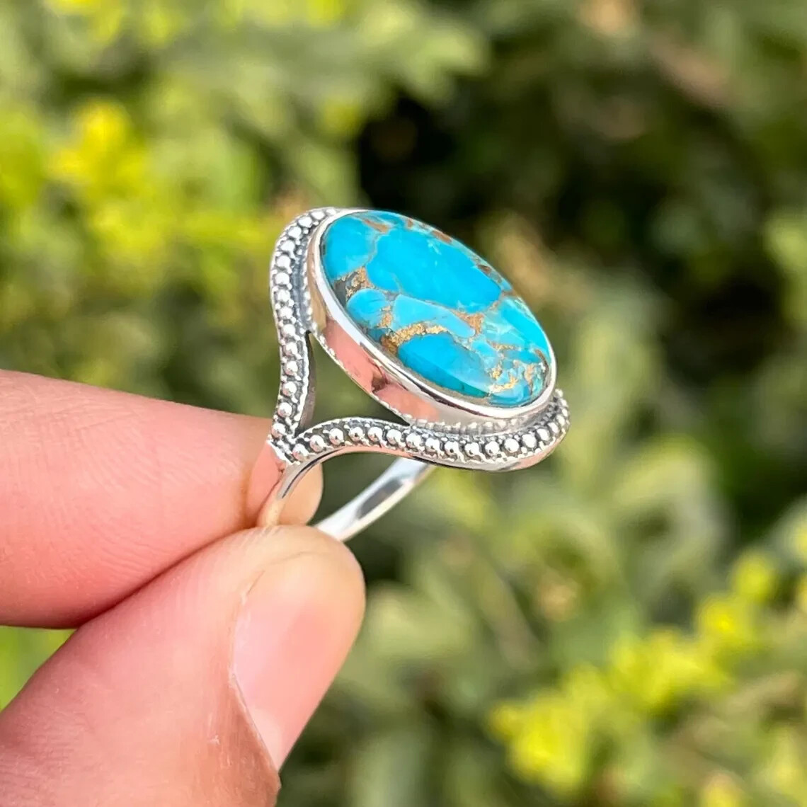 Blue Copper Turquoise Eye Shape Ring-925 Sterling Silver Split Shank Ring Gift