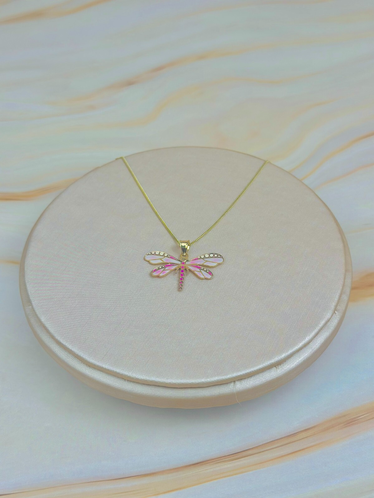 14K Solid Gold Pink Dragonfly Pendant Insect, Animal Necklace Hand-Painted Italy