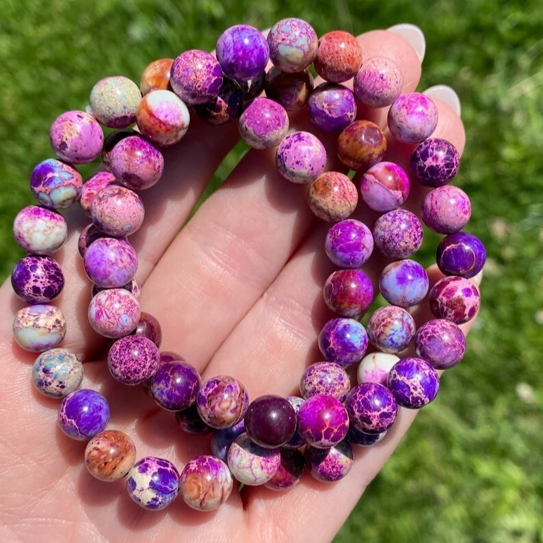 Purple Blue Sea Sediment Jasper Beads Healing Reiki Women Lotus Bracelet Gifts