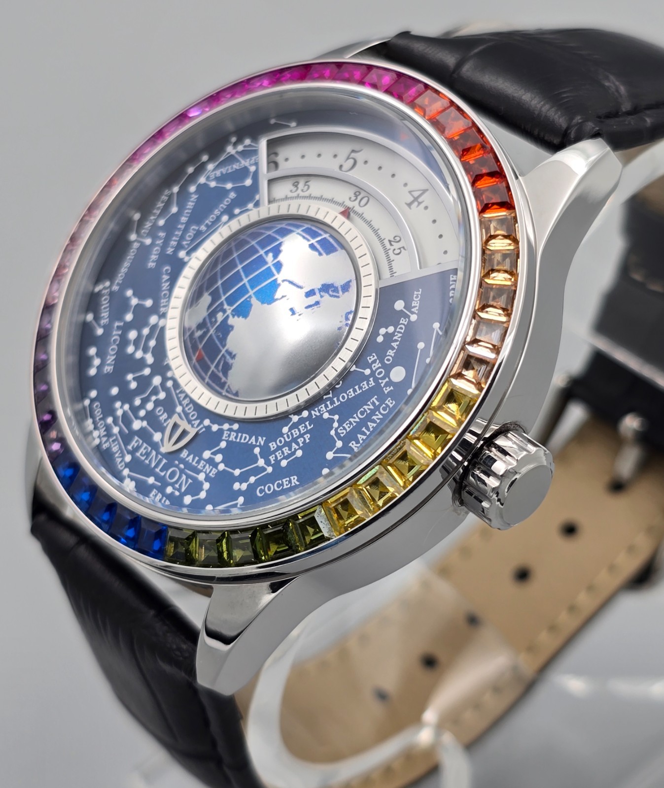 Fenlon Automatic Jump Hour Globe Astronomical Rainbow Bezel Men’s Watch