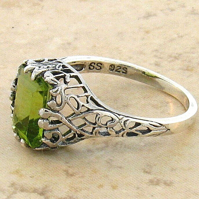 GENUINE 1.50 CARAT PERIDOT 925 STERLING SILVER ANTIQUE STYLE FILIGREE RING 746Z