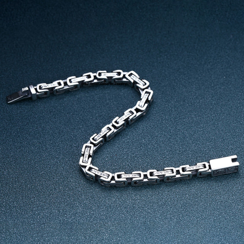 Pure S925 Sterling Silver Chain 5mm Six Words Byzantine Link Bracelet 7.1-7.9in
