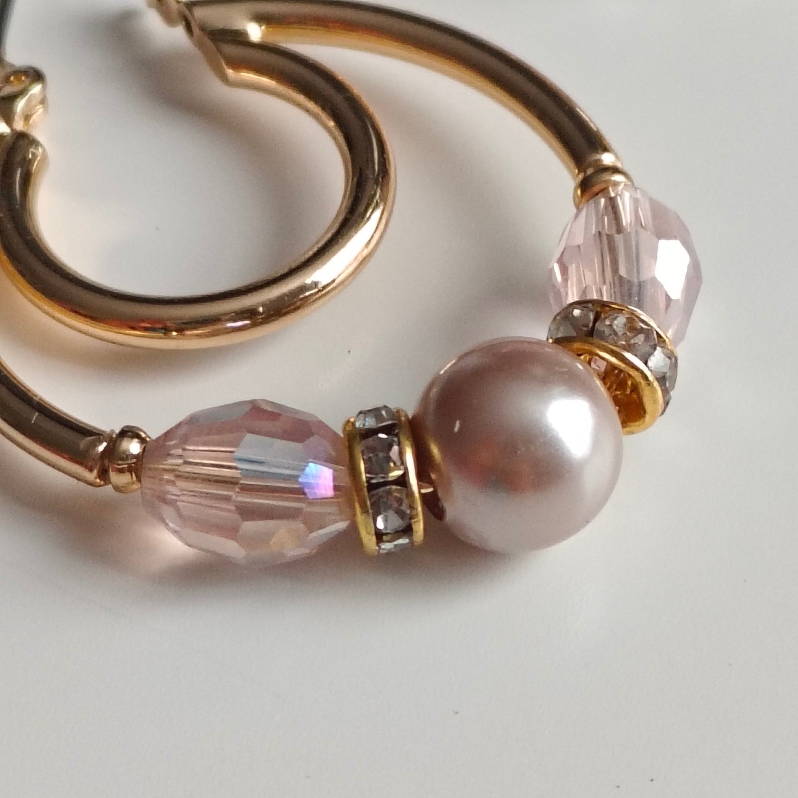 Gold Double Hoop Earrings Pink Faux Pearl Crystal Rhinestone Beaded Latch Back