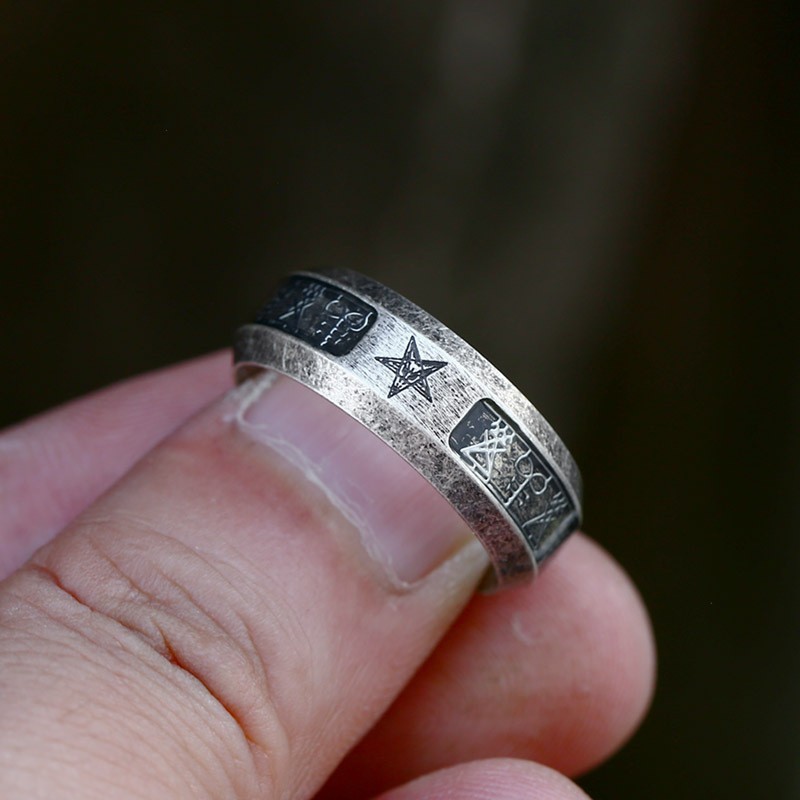 Vintage Satan Cross Lucifer Sigl Inlay Ring Stainless Steel Biker Jewelry Ring