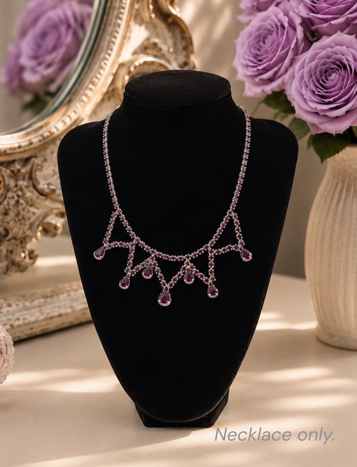 Vintage Purple Rhinestone Festoon Necklace Silver Tone Teardrop Dangle 16”