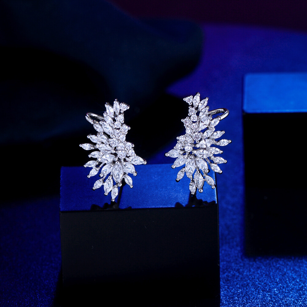 Silver Plated Symmetrical Cubic Zirconia Ear Cuff Climber Wedding Stud Earrings