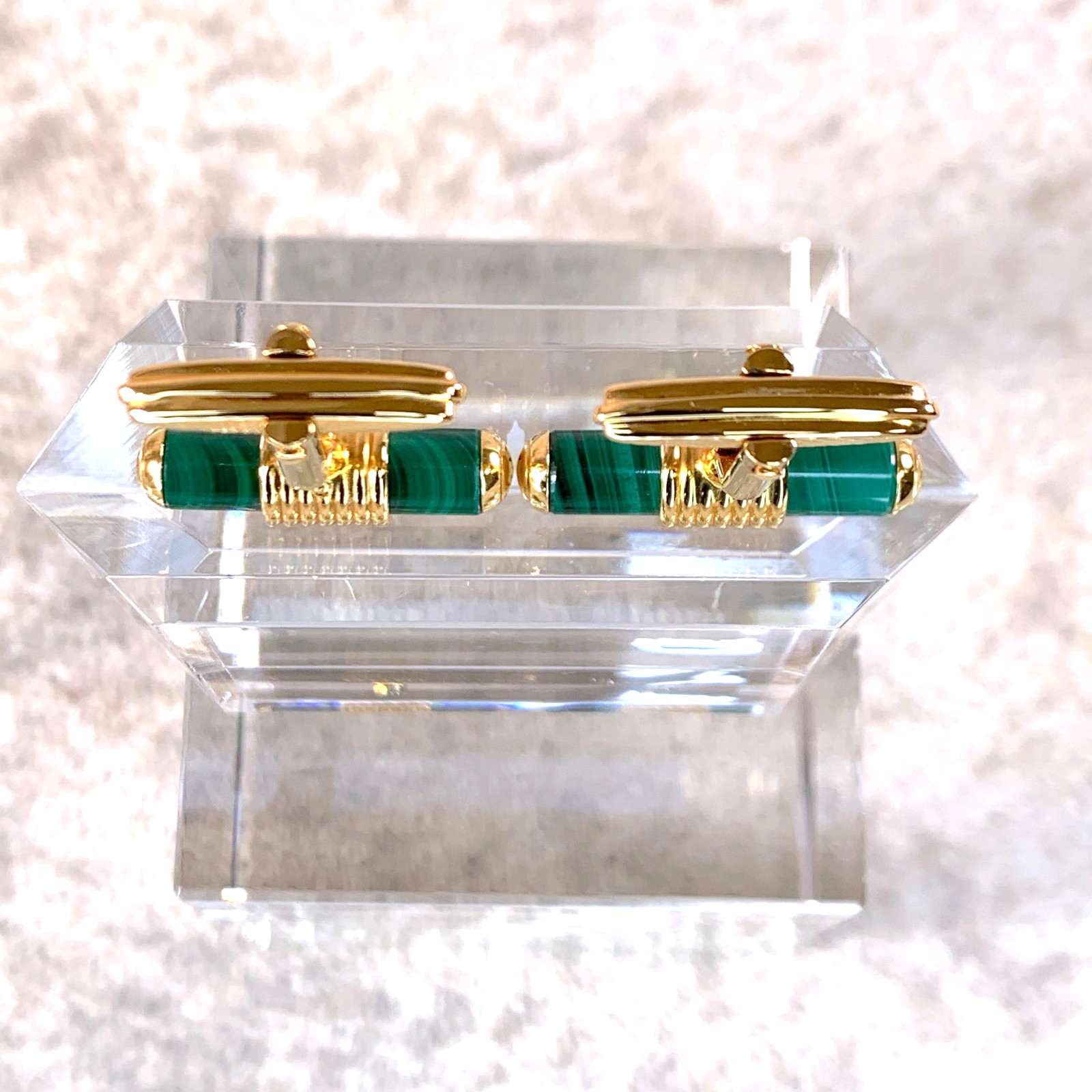 Vintage Dunhill Cufflinks & Tie Bar Clip Cylinder Malachite Gold Finish w/Box