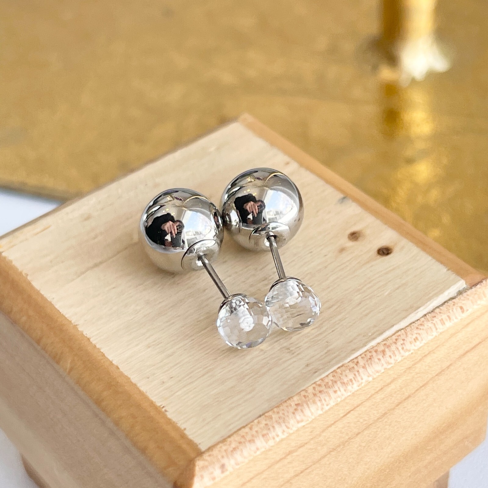 Stainless Steel Double Ended Silver Color Ball + Glass Post Stud Earrings NEW