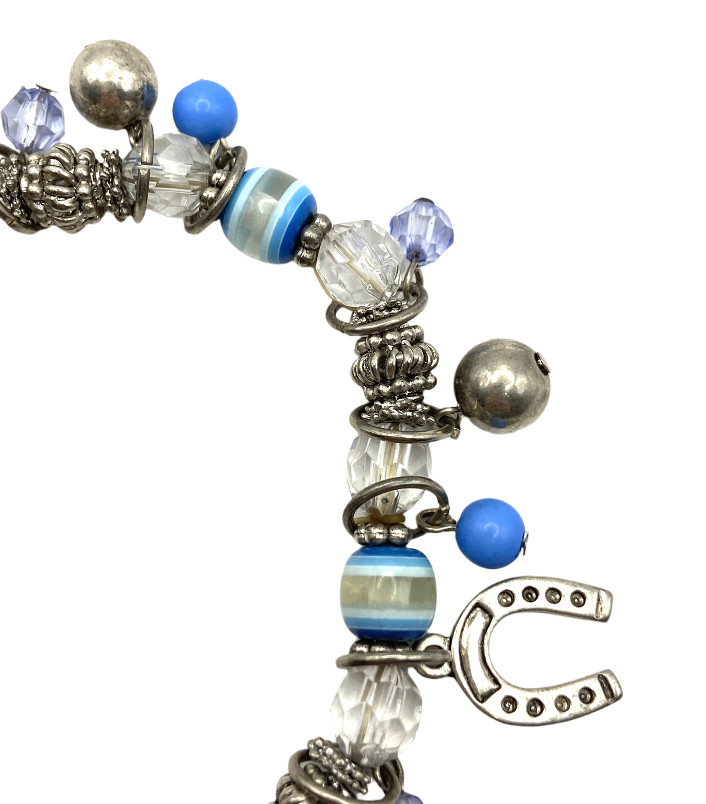 Blue-Clear Beaded Stretch Horse Horseshoe Charm Bracelet Silver Tone Equestrian