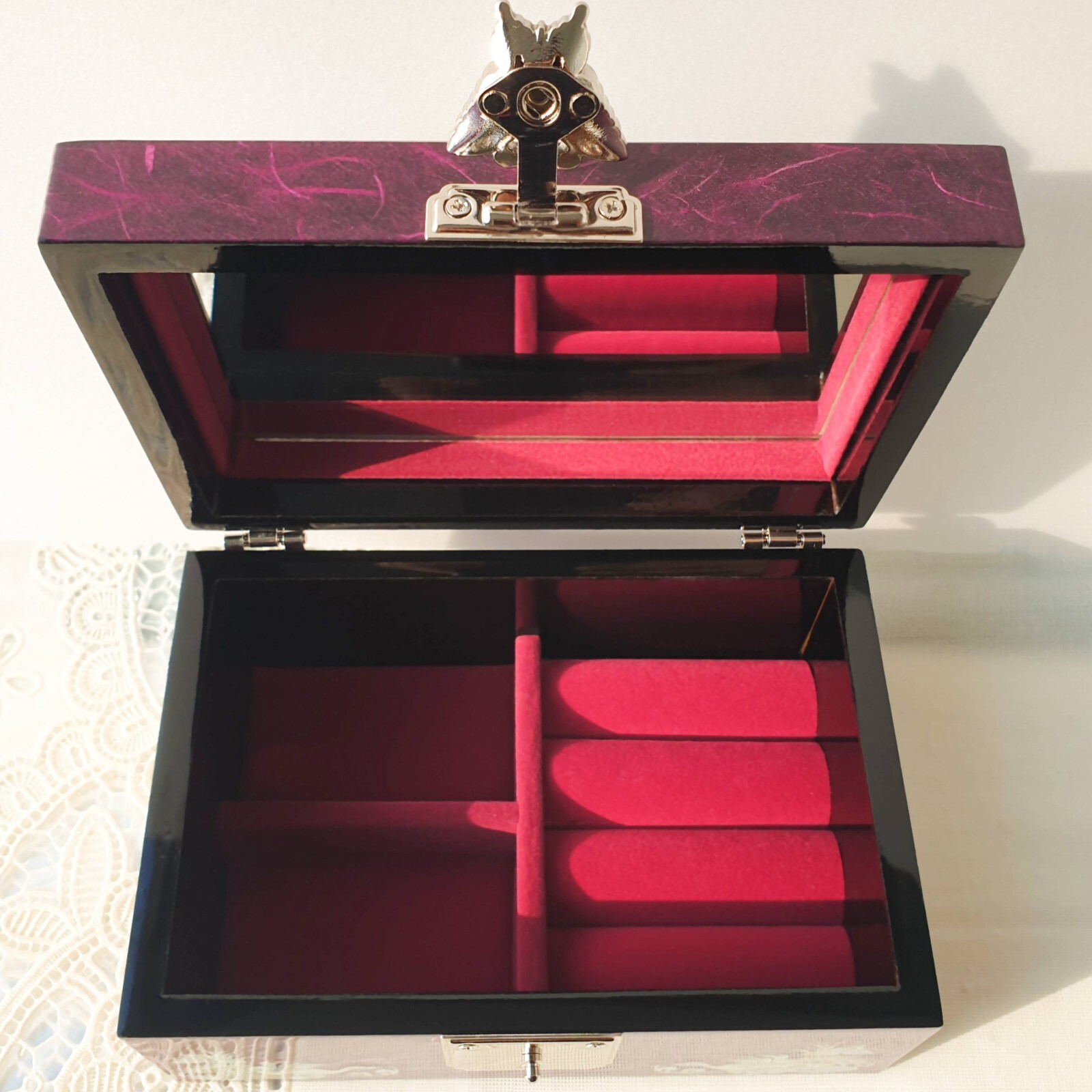 Mother of pearl Purple Lacquer Jewelry Box Vintage Ring Organizer Wood Keepsake