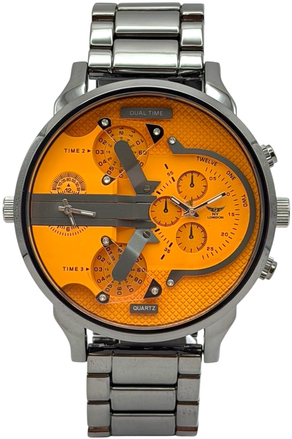 NY London Men’s Dual Time Zone Fashion Dress Black with Orange face Analog Watch