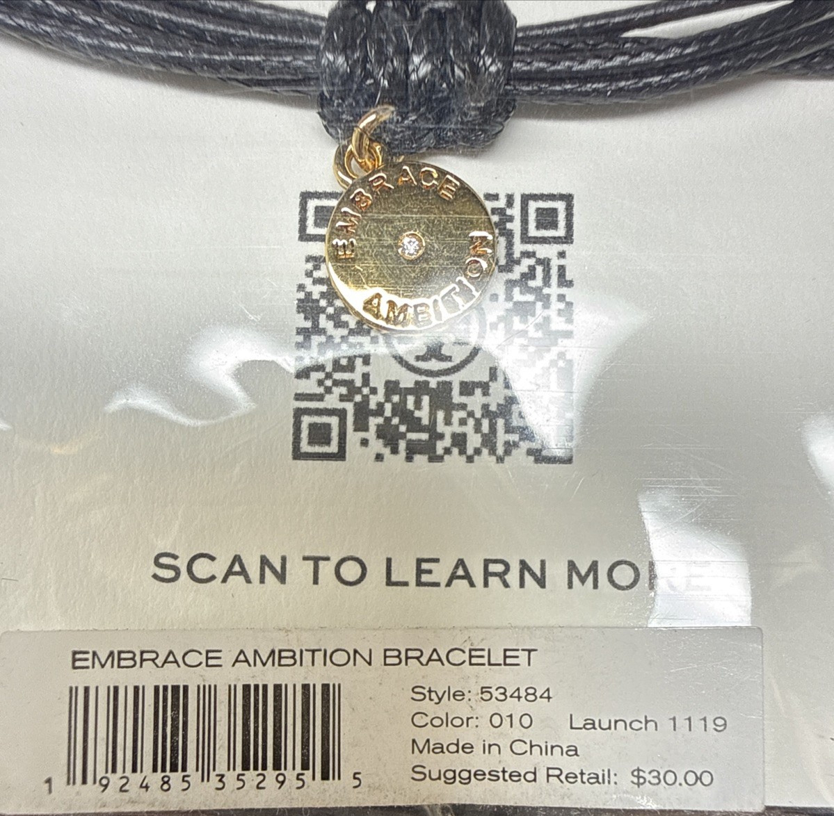 Tory Burch Foundation Embrace Ambition Gold Slider Bracelet NWT Black Cord