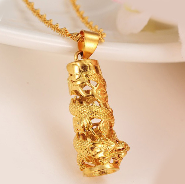 24k Gold Filled Over Sterling Silver Dragon Pendant With Chain 24″ Necklace D545