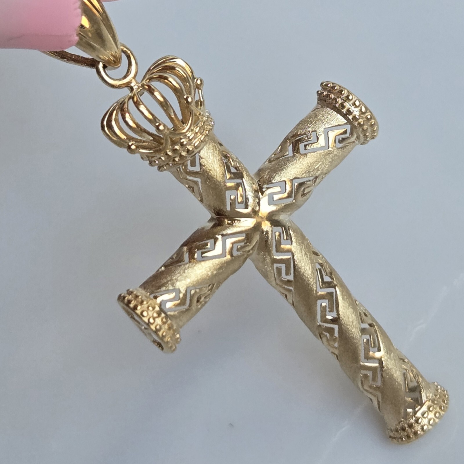10k Gold Crown Cross Pendant Charm 1.95 inches long Medium Catholic Greek Key