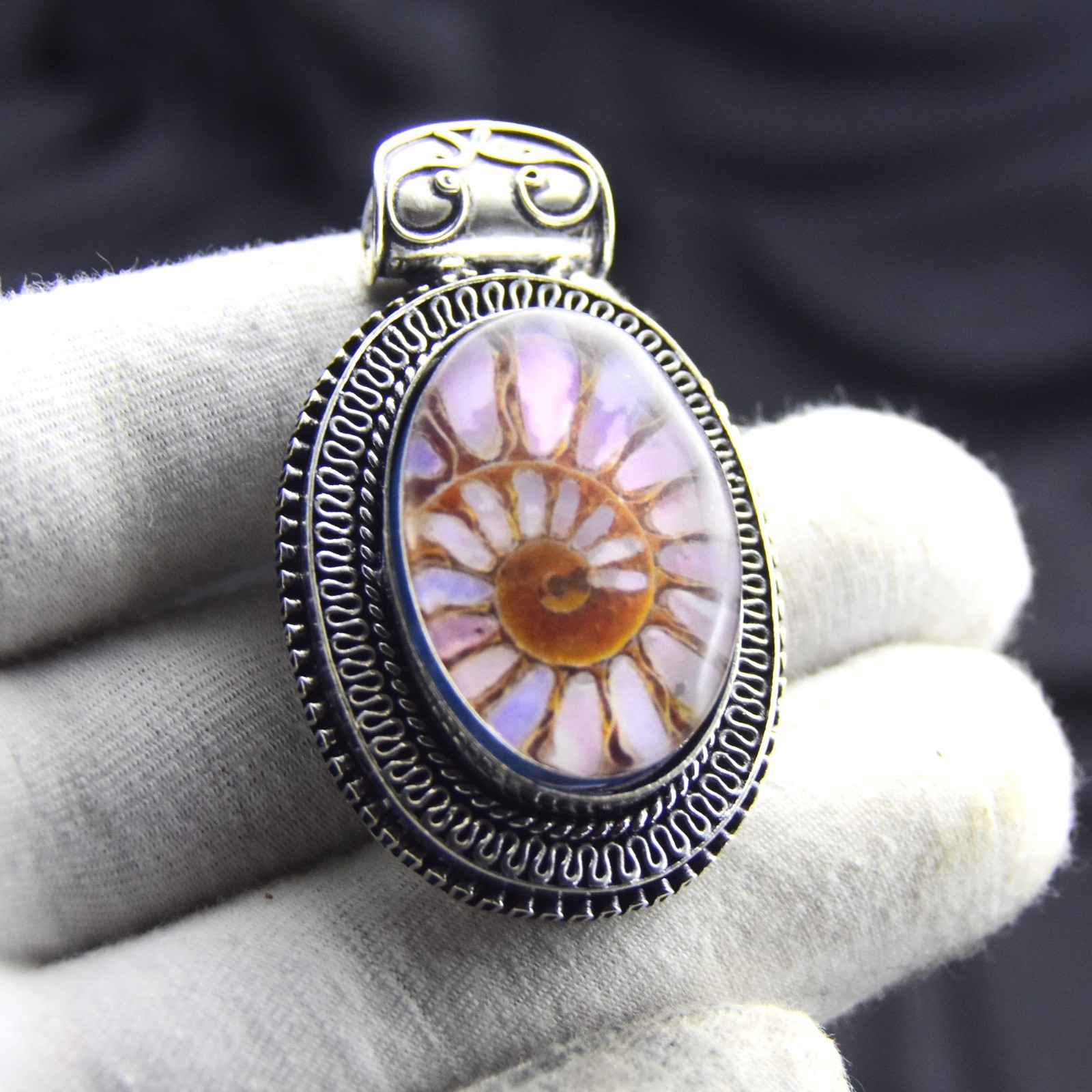 925 Sterling Silver Ammonite Fossil Gemstone Pendant Handmade Jewelry Size-1.75″