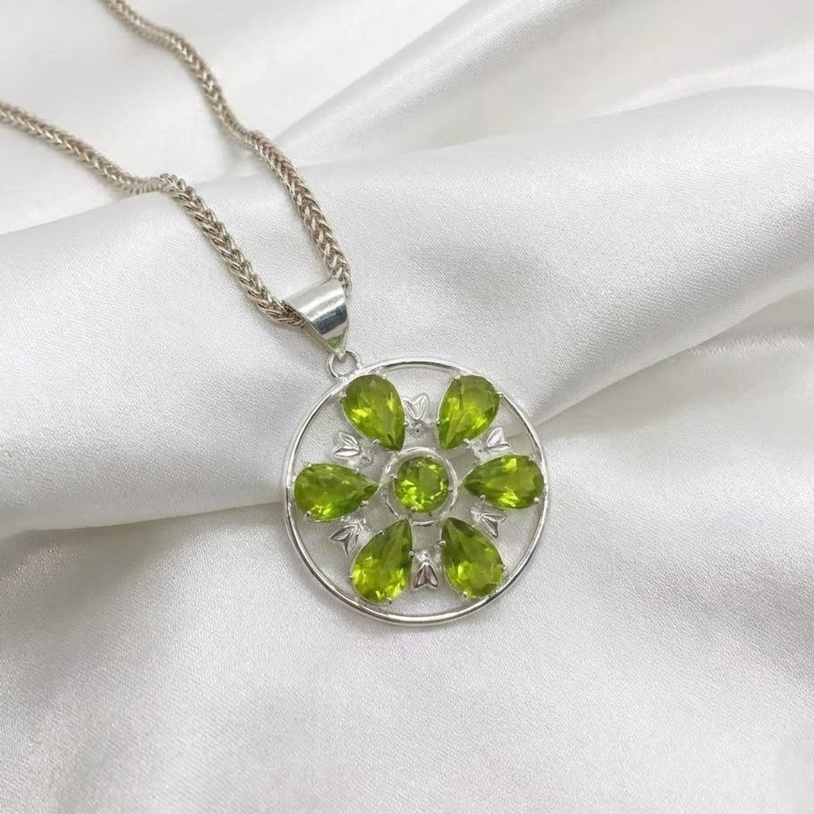 Green Peridot Flower Pendant| 50–55 Carat Green Gem in Sterling Silver Necklace