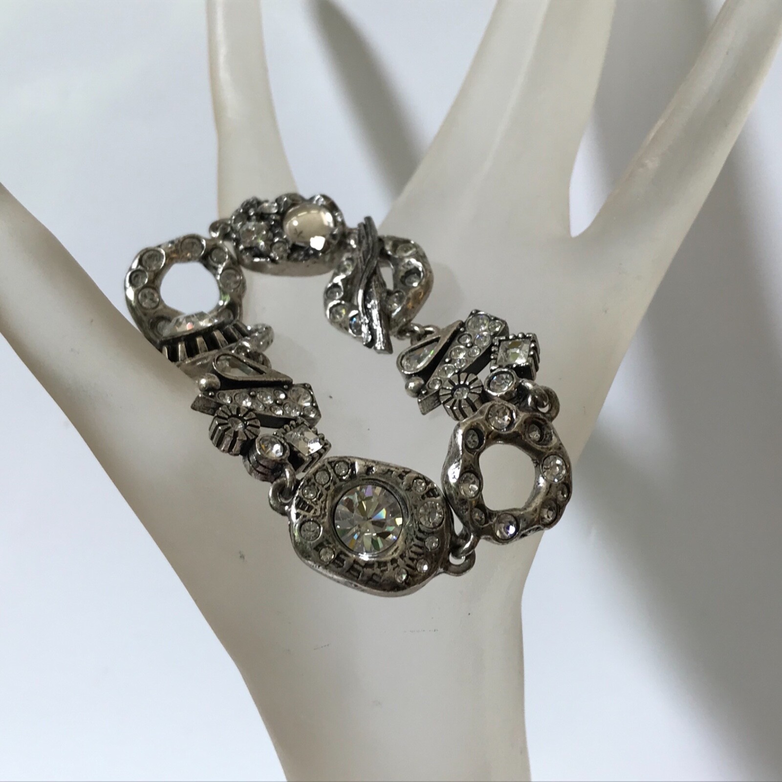 VTG PATRICIA LOCKE Signed Silvertone Clear Crystal Heavy Bracelet BOHO CHIC