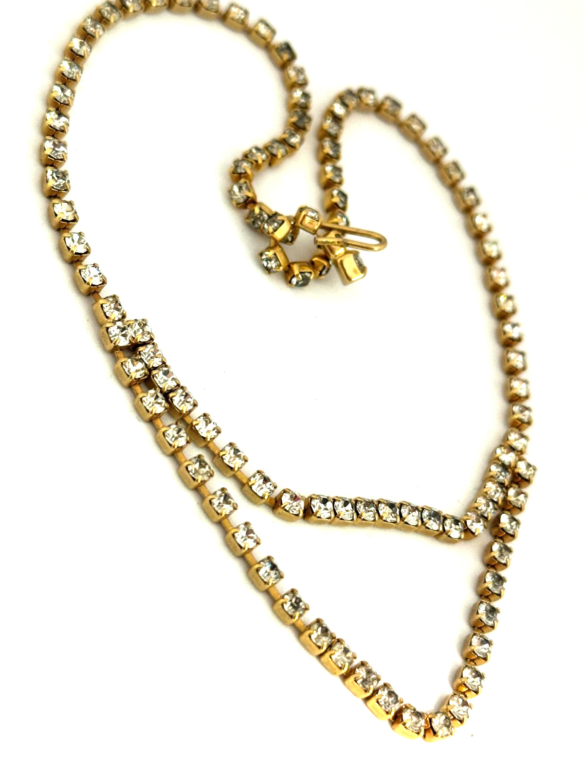 Vintage Clear Rhinestone Tennis Necklace Gold Tone Choker Cup Chain