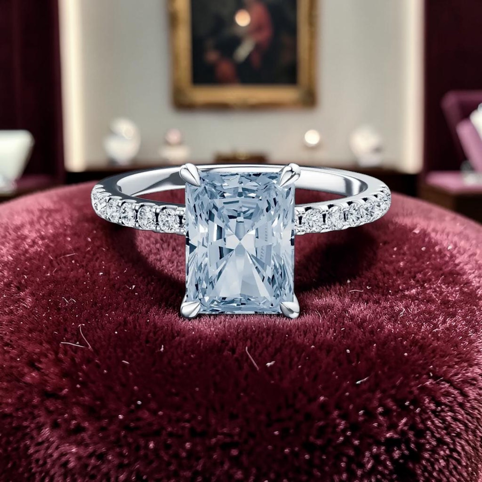 3.25 Ct Radiant Cut Fancy Intense Blue Diamond Ring IGI Lab Created 950 Platinum