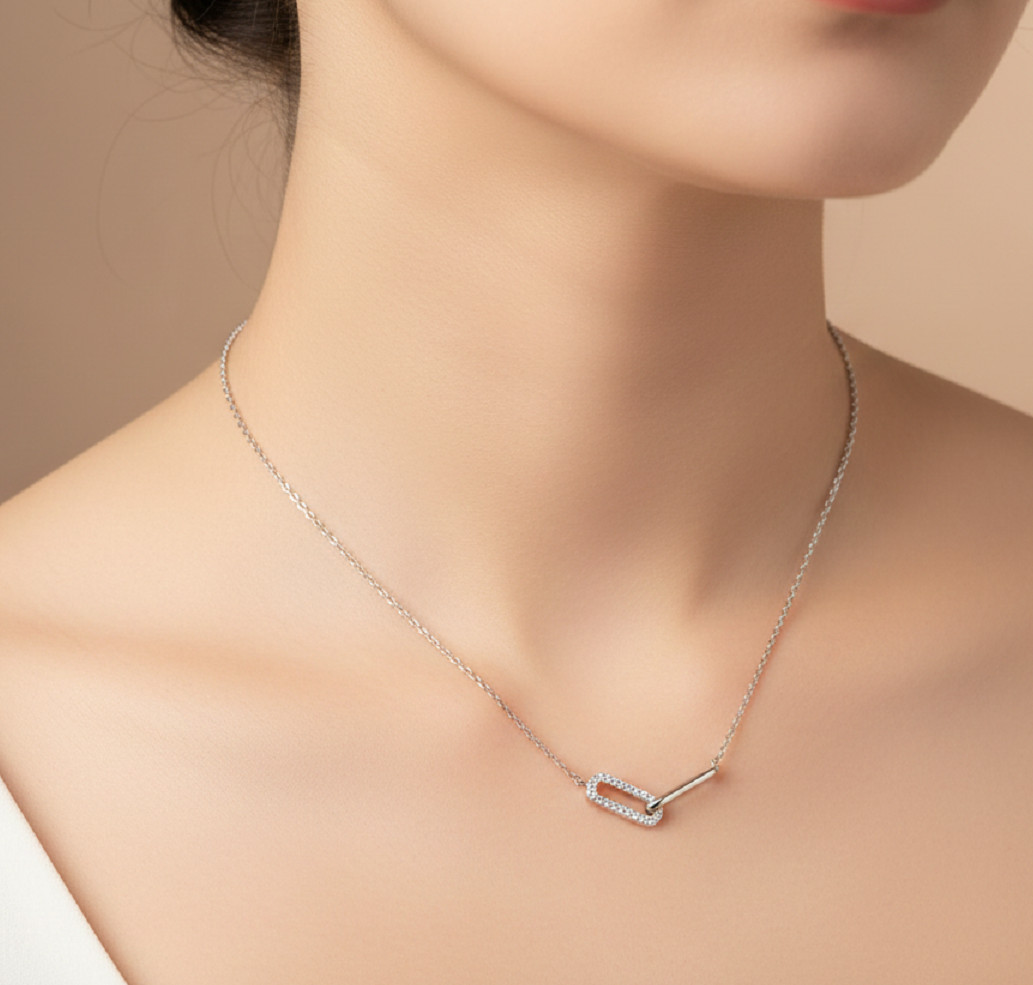 0.10Ct Lab Grown Round Diamond Paperclip Necklace 10K Solid Gold for Women