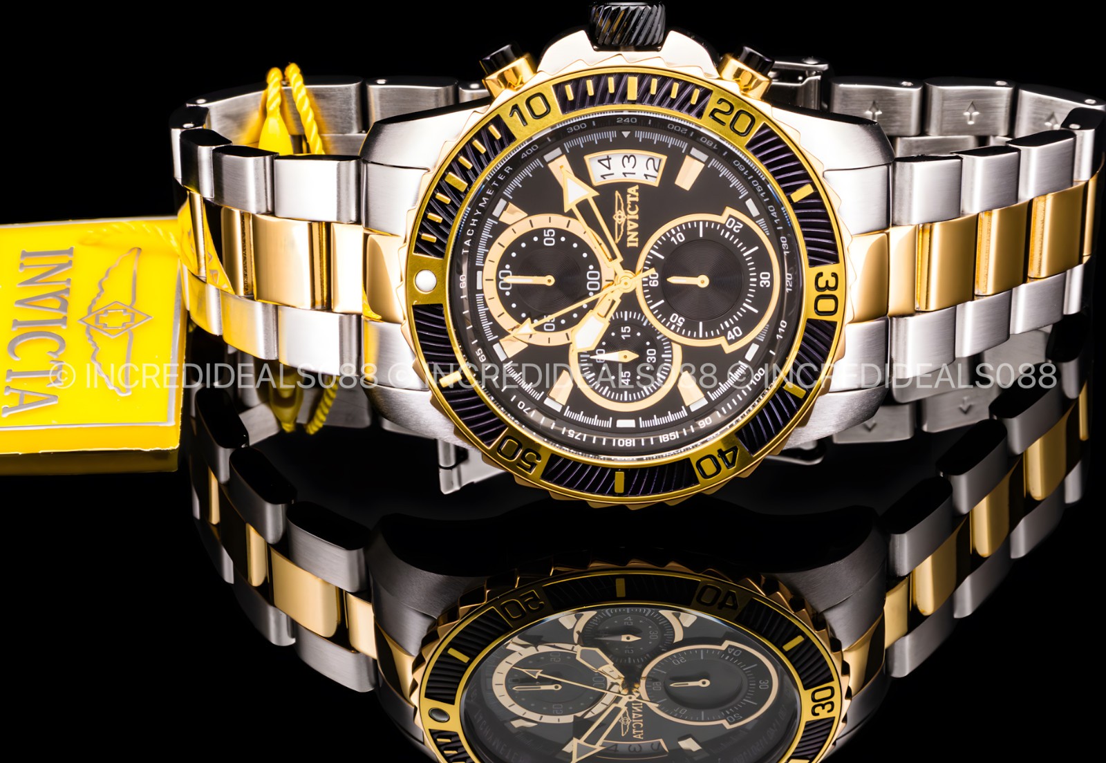 Invicta Men PRO DIVER SCUBA 18K GOLD SILVER Black Dial Two Tone Bracelet Watch