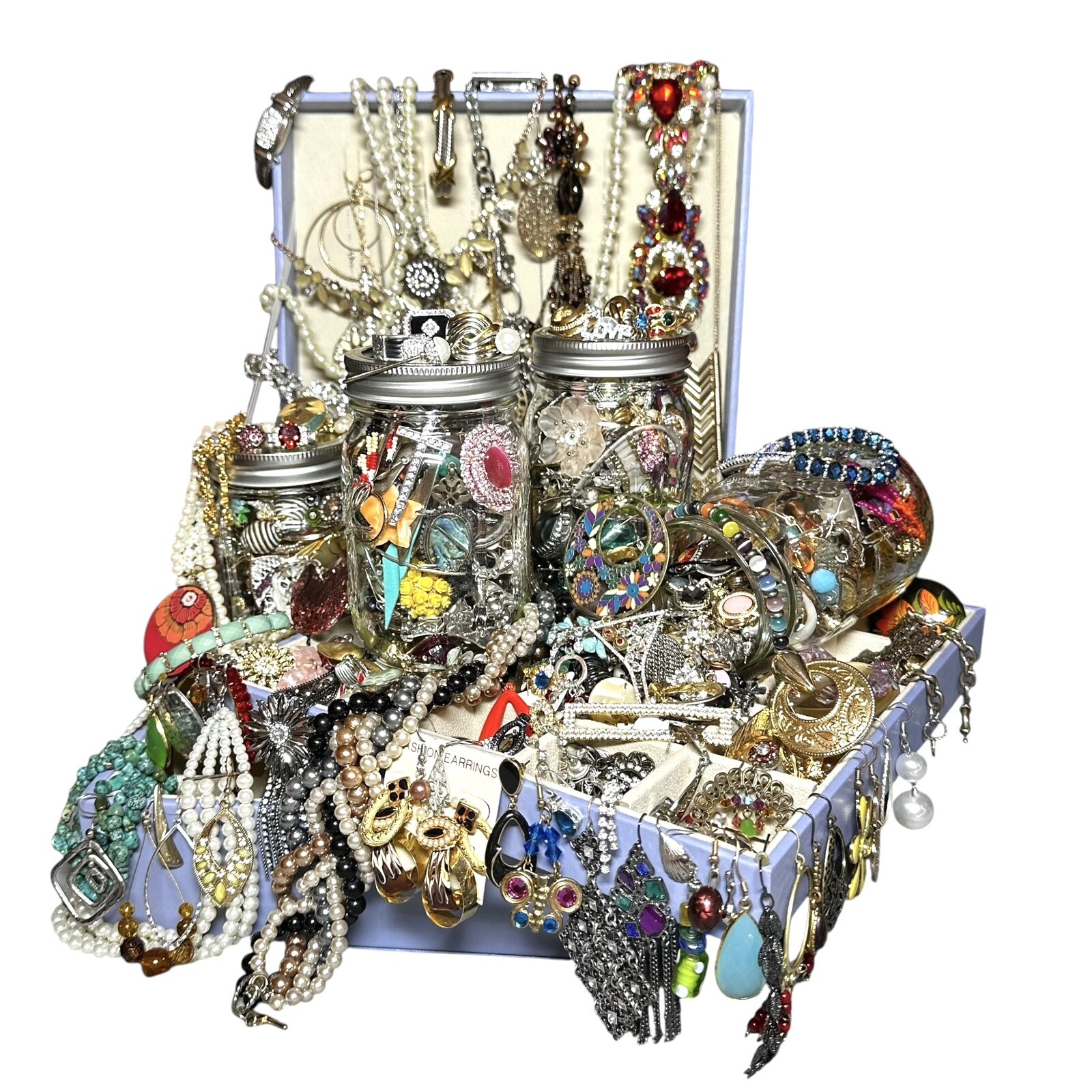 1+Lb Full (1) Ball Mason Jar Mystery Lot All Wearable Jewelry GUC Necklaces Etc.