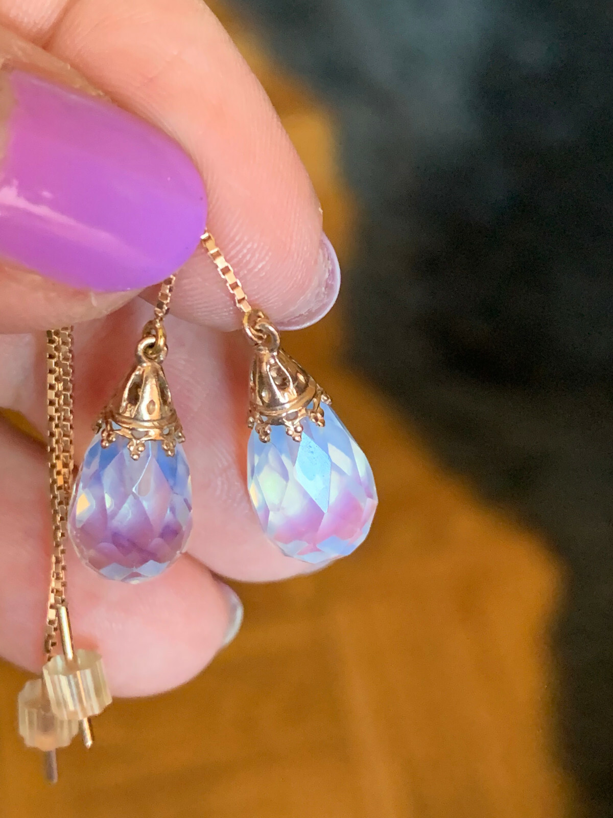 14K PINK ROSE GOLD MOONSTONE THREADER PULL THROUGH CHAIN DANGLE DROP EARRINGS