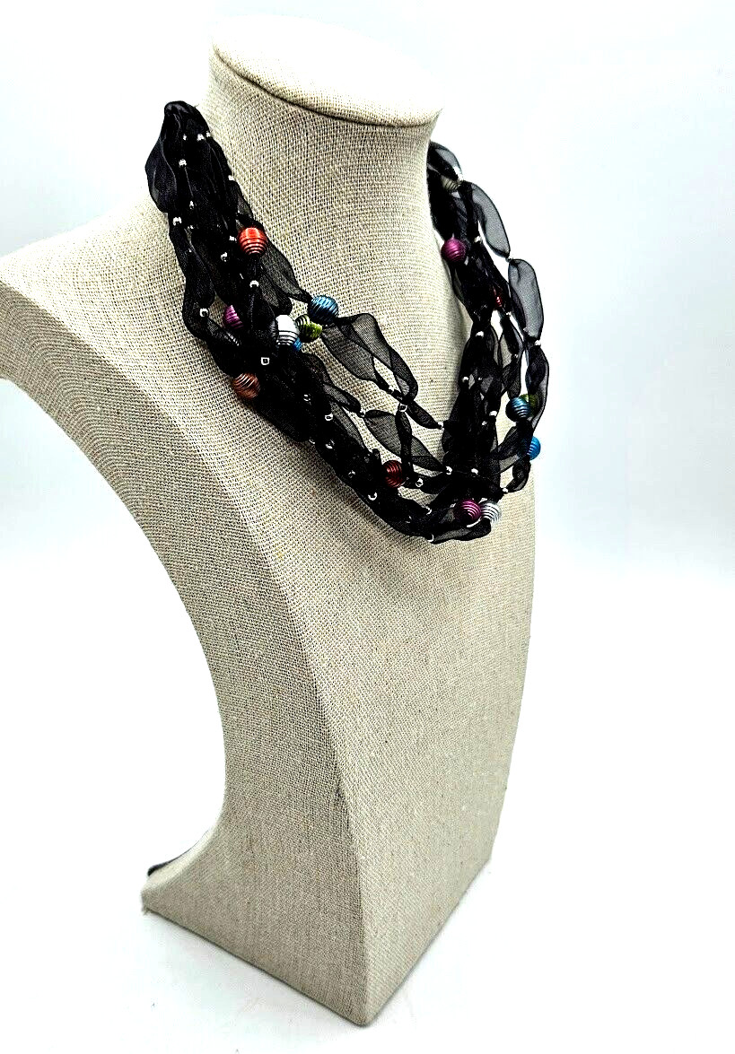 Black Laced Necklace 9 Strands SilverToned Dainty Beaded Cluster Multicolor 16″