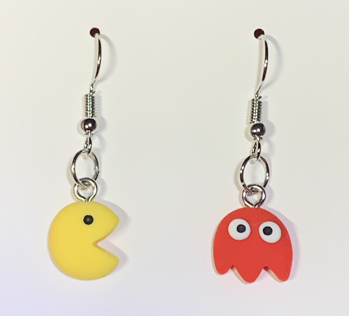 Silver PAC-Man & Ghost Drop Dangle Earrings!!