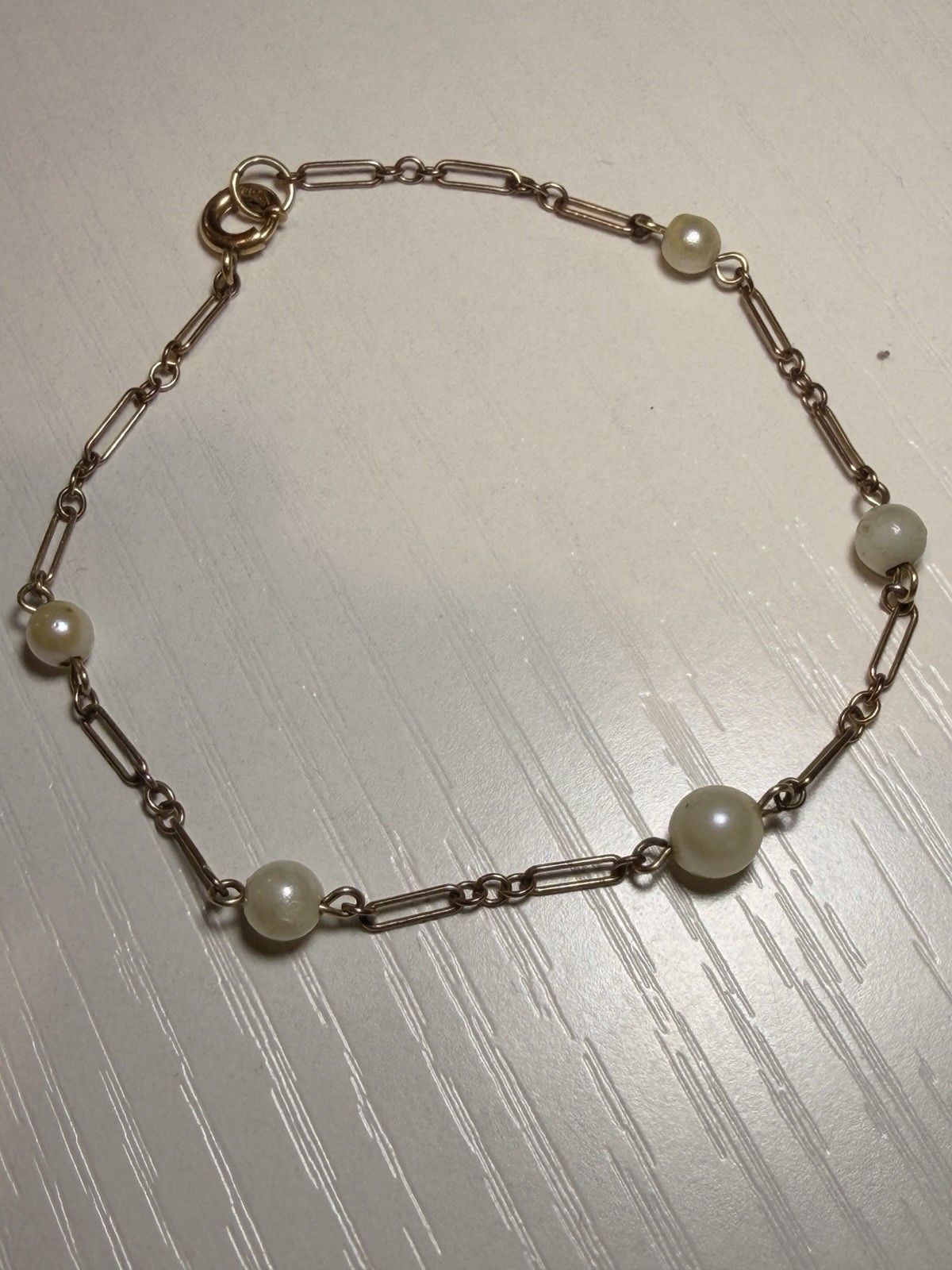 Vintage 1/20 12K Gold Filled Cultured Pearl Link Bracelet 7” Paperclip 1.5g