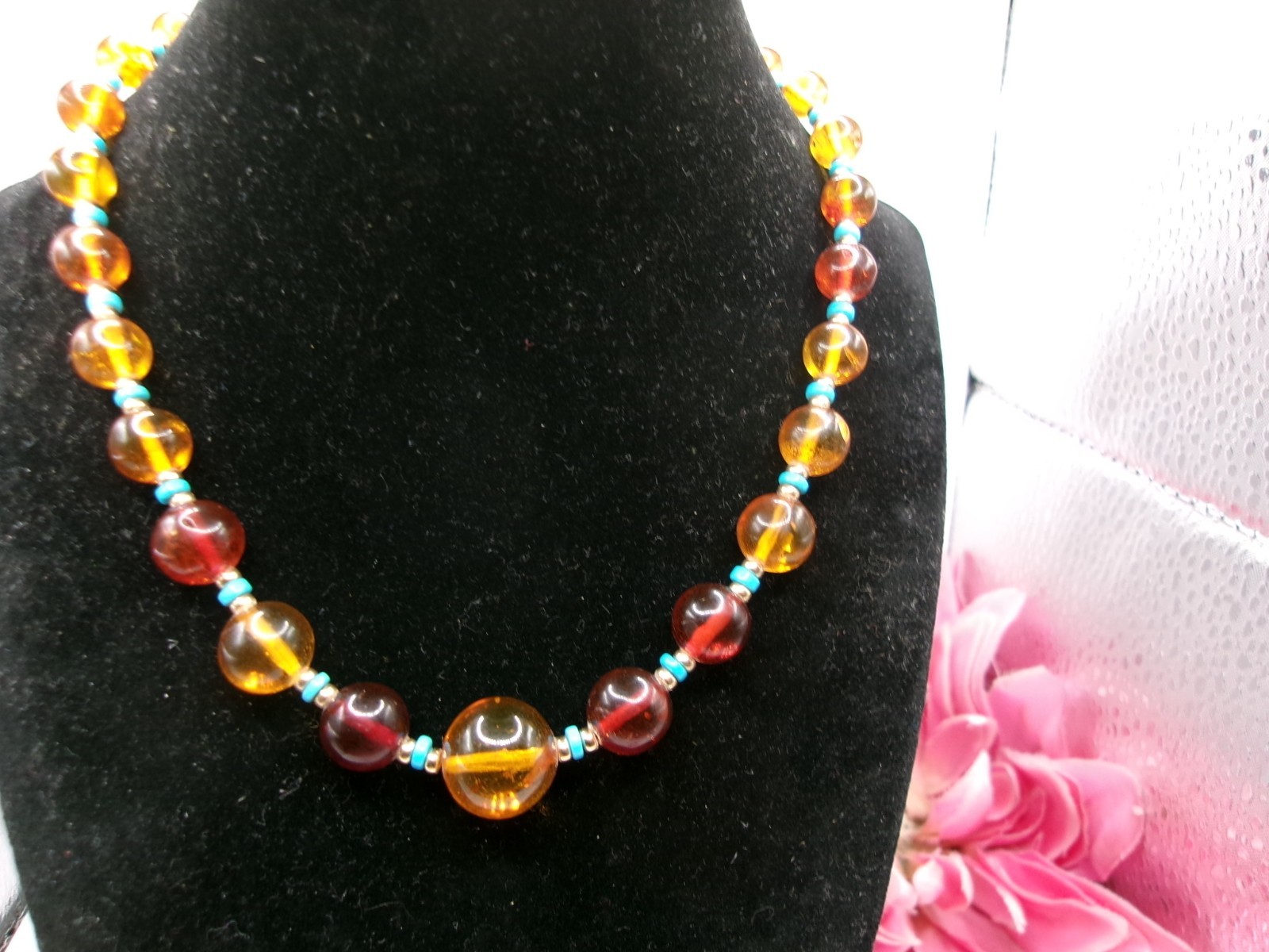 VTG WBE 18K Solid Gold S Hook Clasp on Baltic & Golden Amber Turquoise Necklace