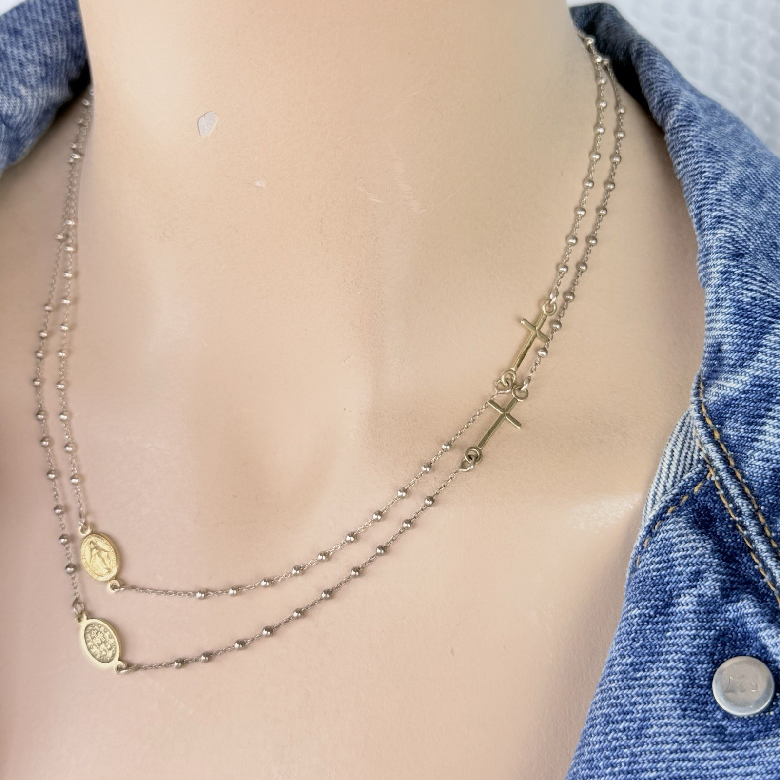 Dyadema Sterling Silver Cross Gold Vermeil Virgin Mary Rosary Necklace Set of 2