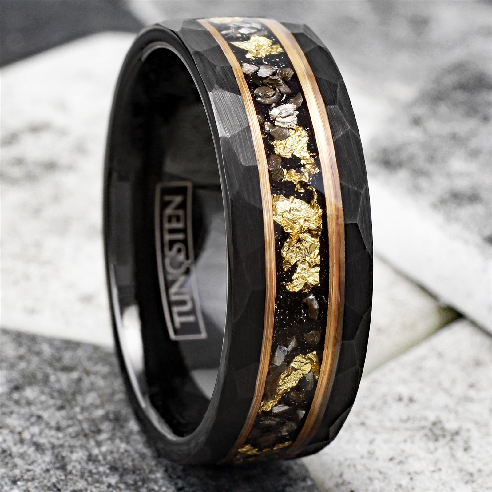 Tungsten Carbide Black Rose Gold Plated Stripe 24K Gold Foil & Meteorite Ring