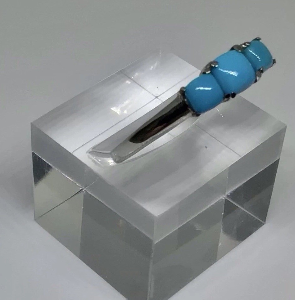 Three-Stone Cushion Sleeping Beauty Turquoise Pure Stainless Steel Ring SZ 10