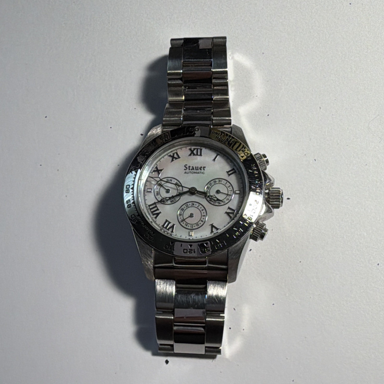 Stauer Automatic Silver/White Dial Roman/Stick Bracelet Tachymeter Day Date