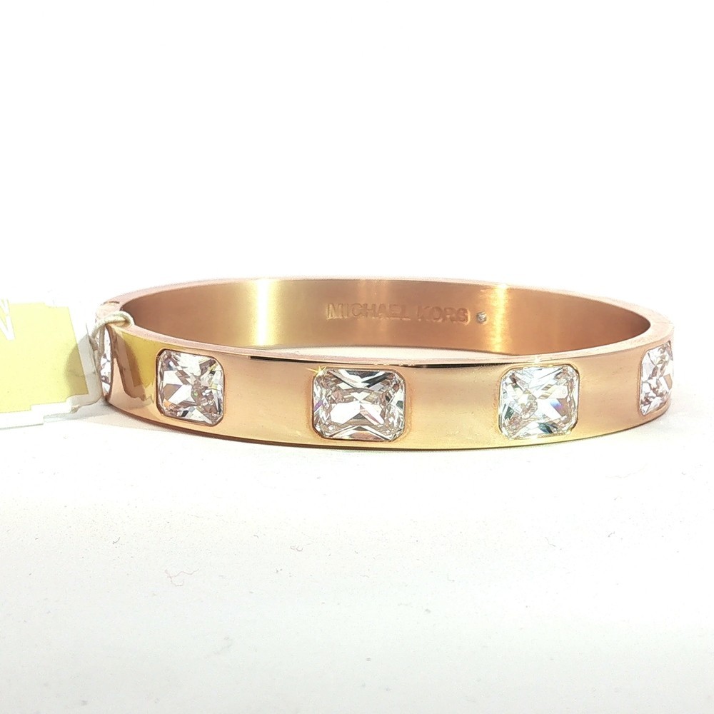 NWT Michael Kors Rose Gold Tone Crystal Bangle Bracelet Hinged MK Logo Gift