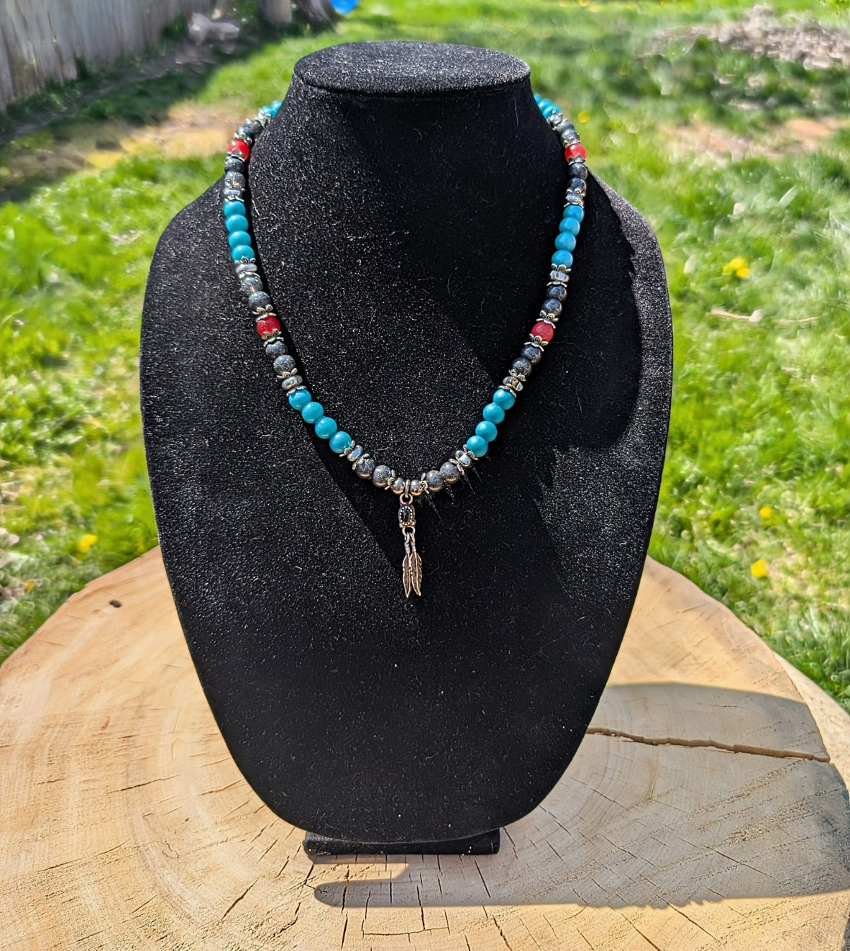 Western Blue Necklace w/ Feather Silver Metal Charm Pendant Handmade Bead Work.